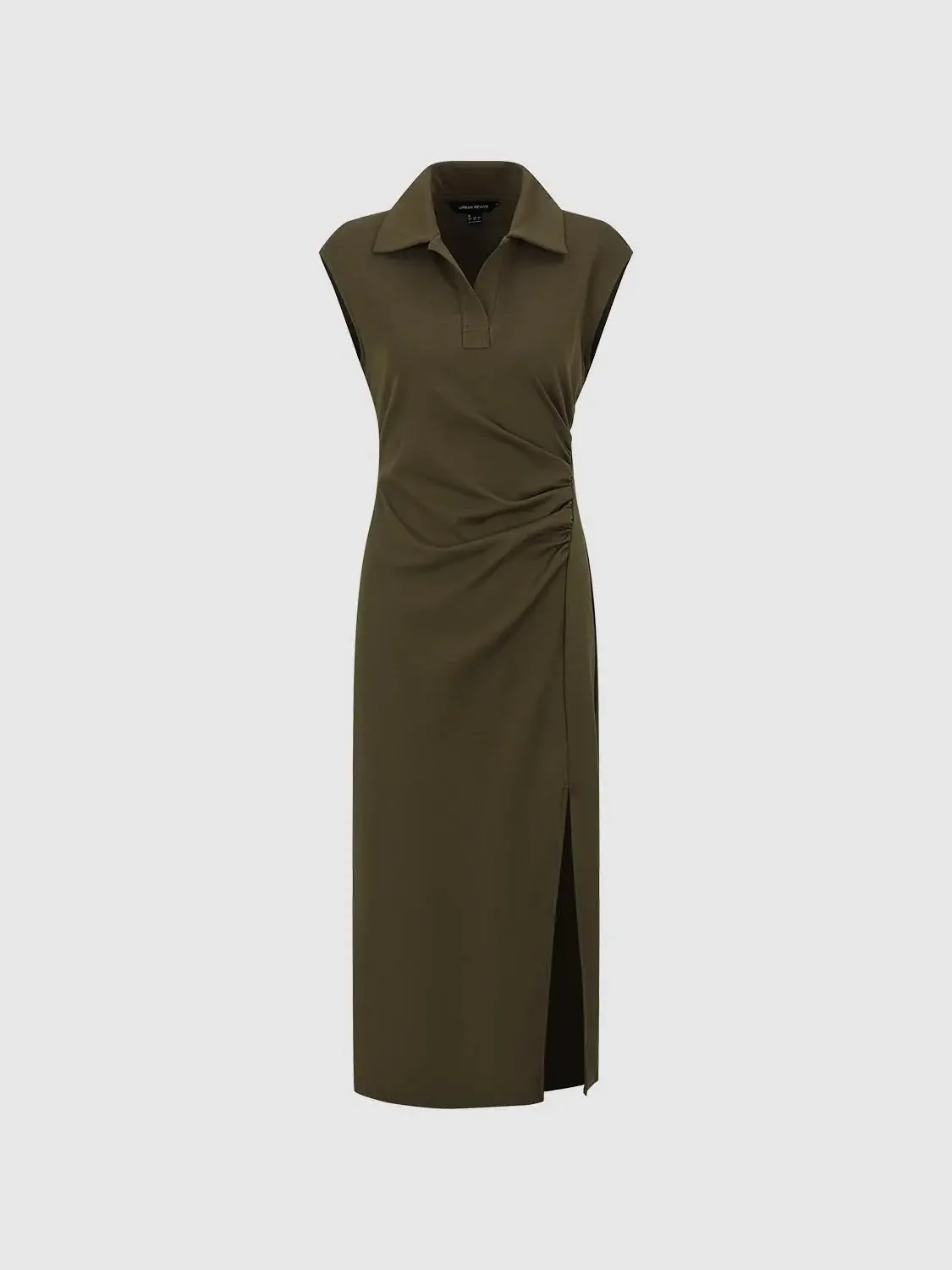 1401-olive-crepe-polo-neck-sleeveless-draped-midi-dresses-7.webp Olive Crepe Polo Neck Sleeveless Draped Midi Dresses