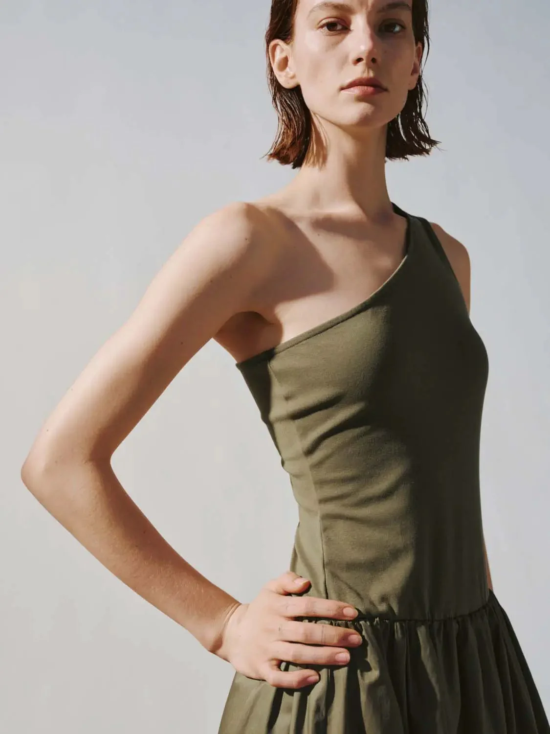 Cotton Knit One-Shoulder Shirring Balloon Midi Dresses