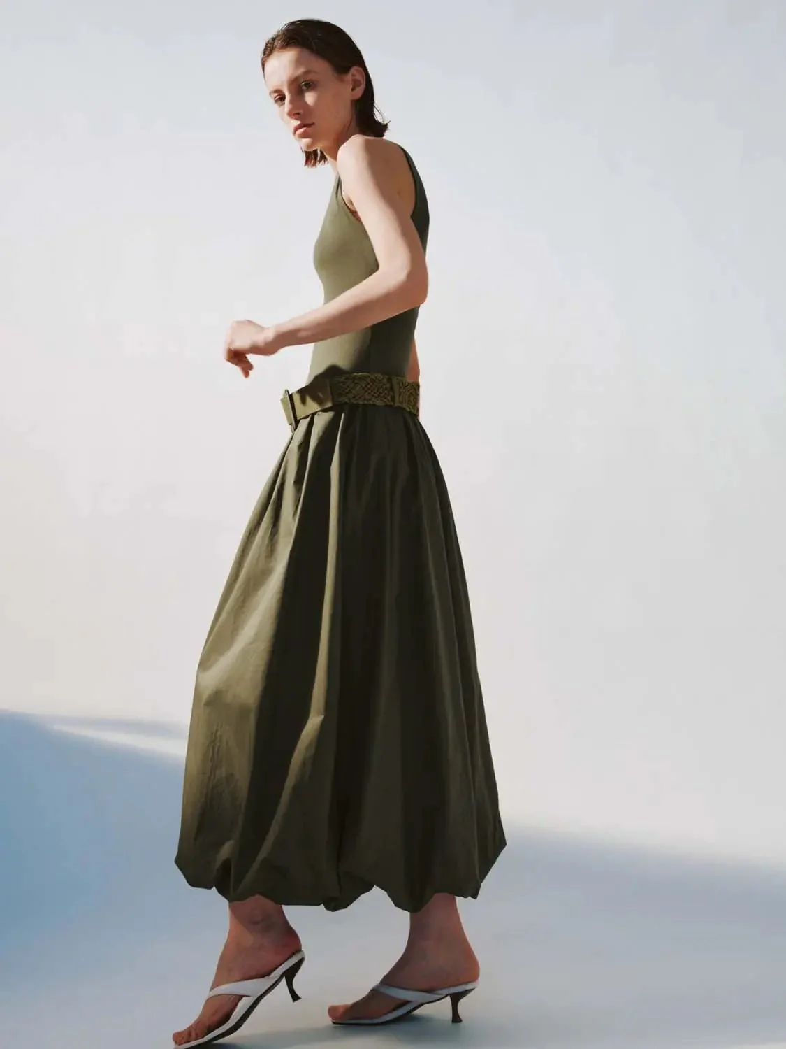 Cotton Knit One-Shoulder Shirring Balloon Midi Dresses