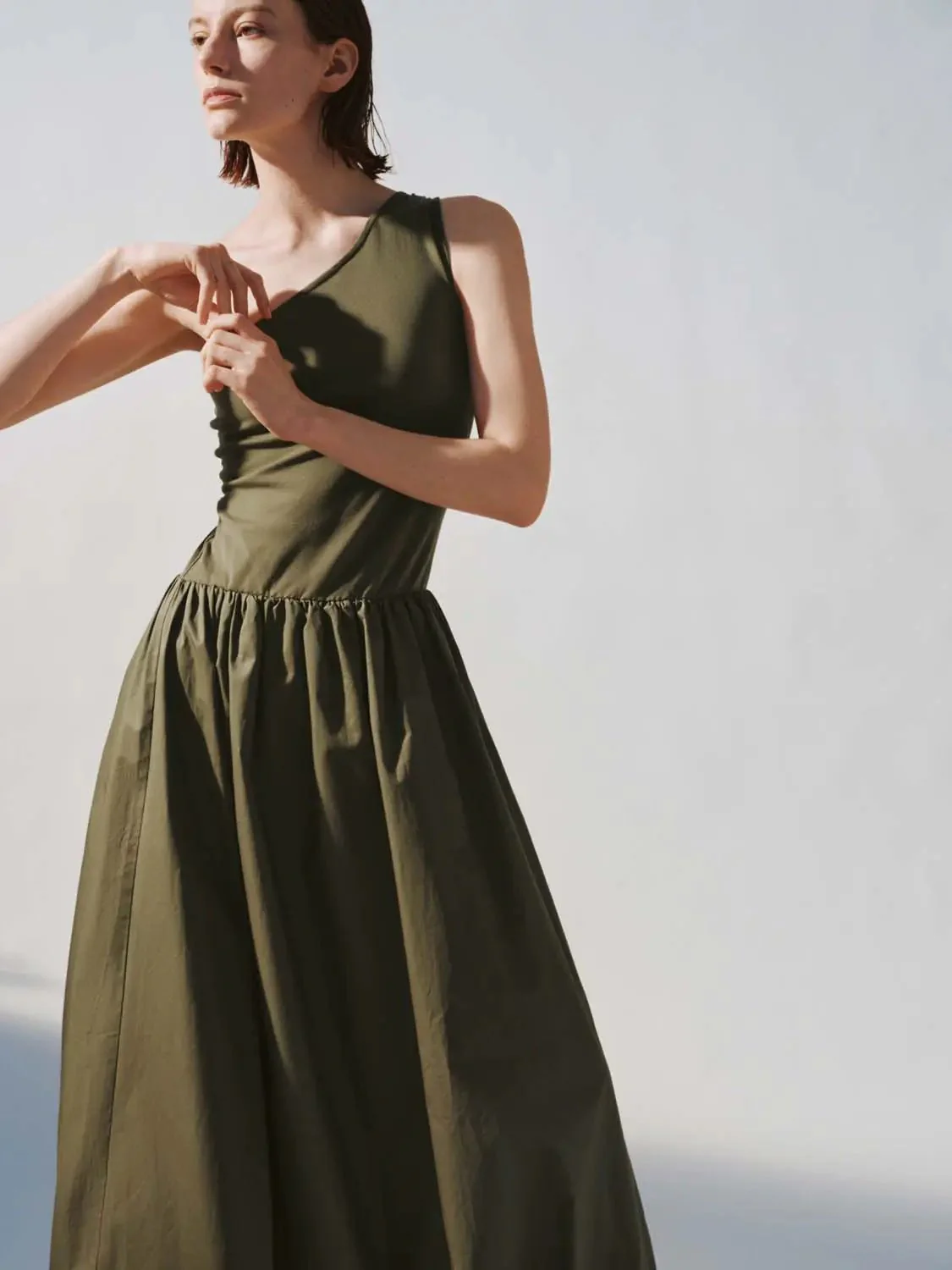 Cotton Knit One-Shoulder Shirring Balloon Midi Dresses