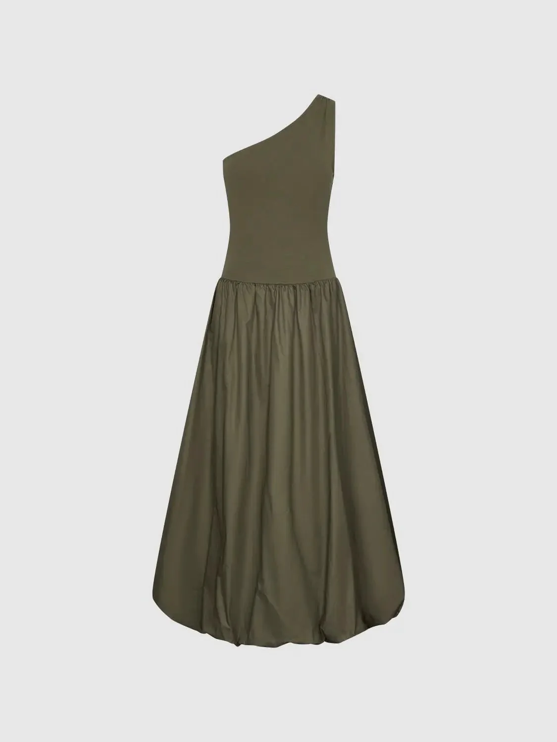 Cotton Knit One-Shoulder Shirring Balloon Midi Dresses