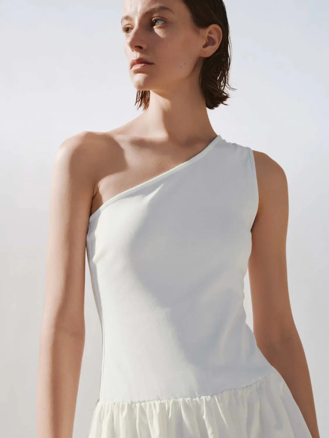 Cotton Knit One-Shoulder Shirring Balloon Midi Dresses