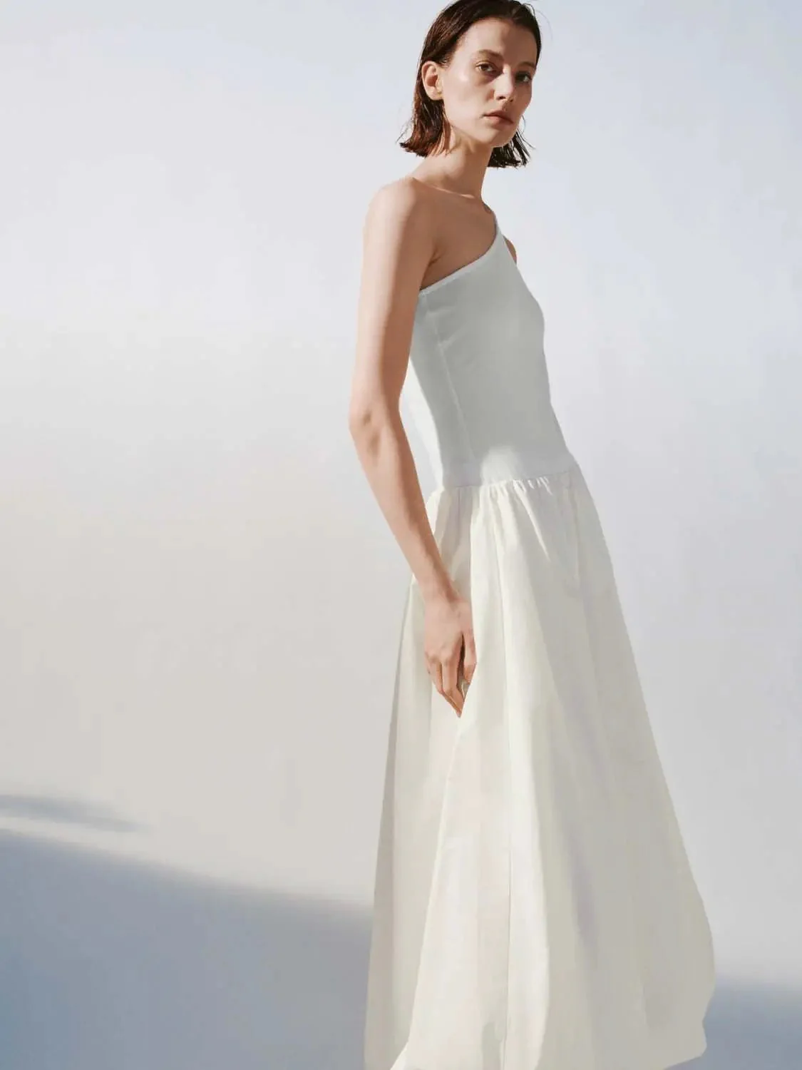 Cotton Knit One-Shoulder Shirring Balloon Midi Dresses