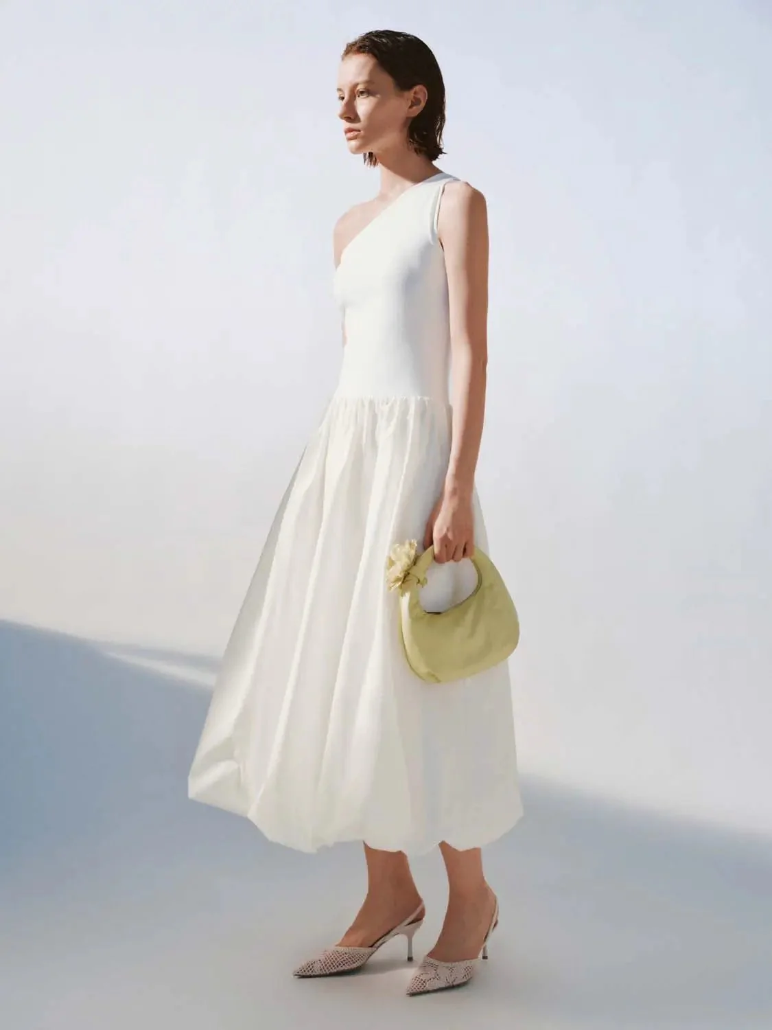 Cotton Knit One-Shoulder Shirring Balloon Midi Dresses