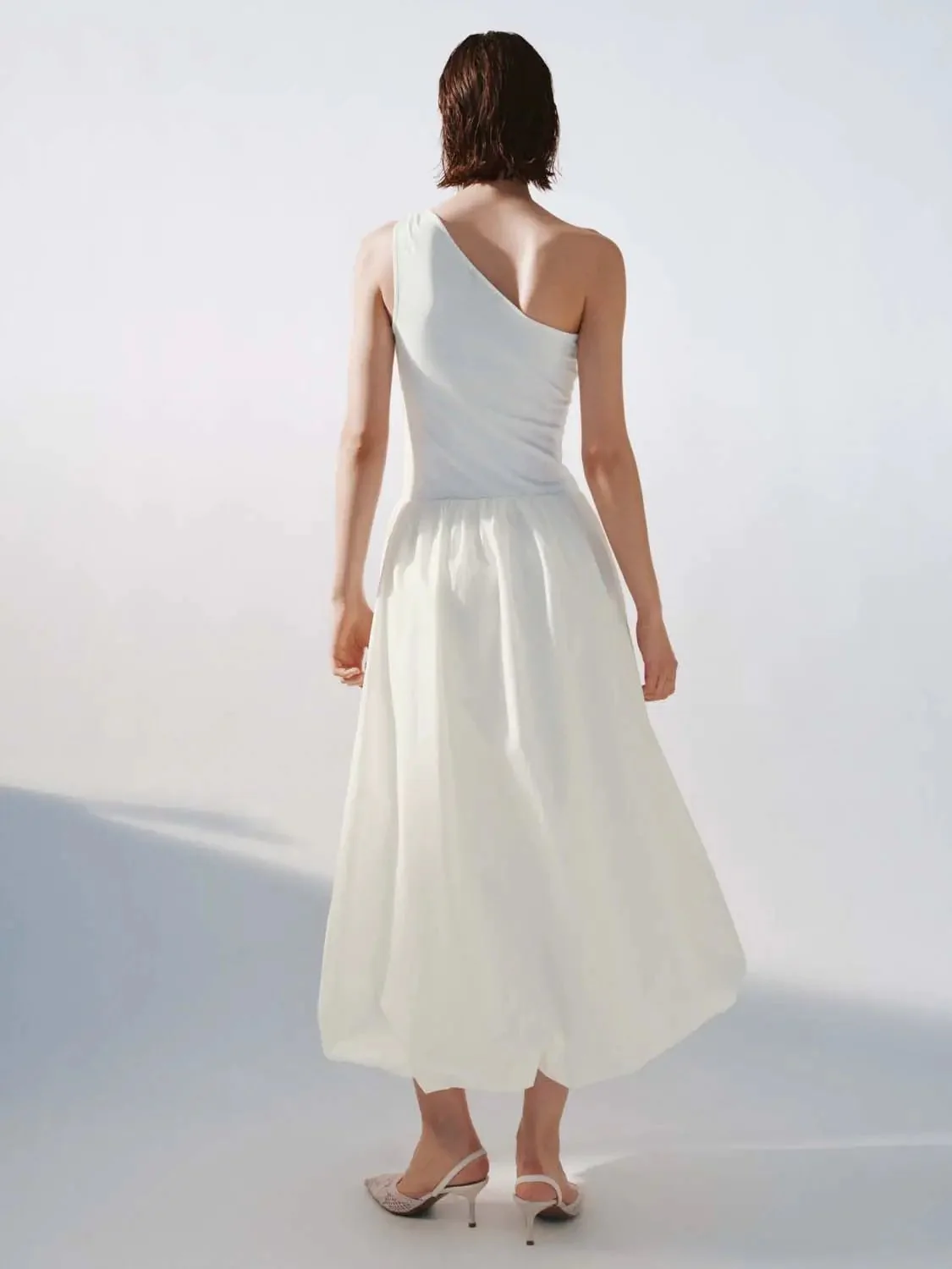 Cotton Knit One-Shoulder Shirring Balloon Midi Dresses