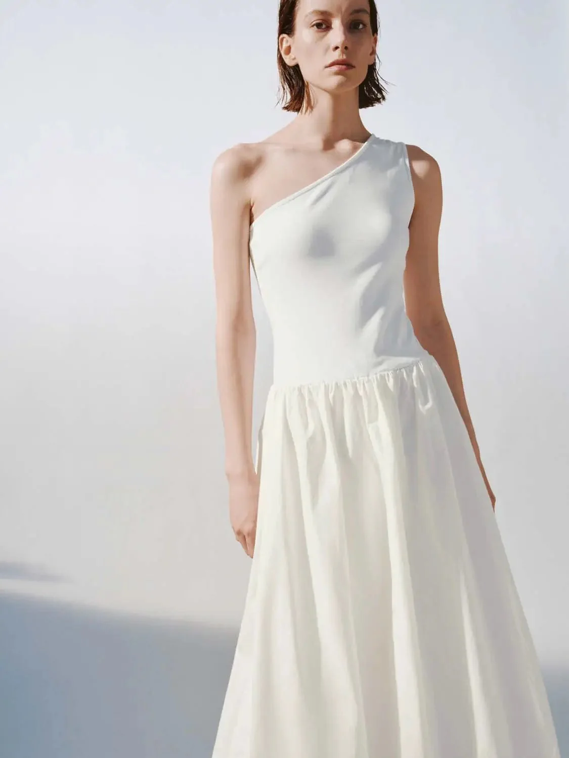 Cotton Knit One-Shoulder Shirring Balloon Midi Dresses