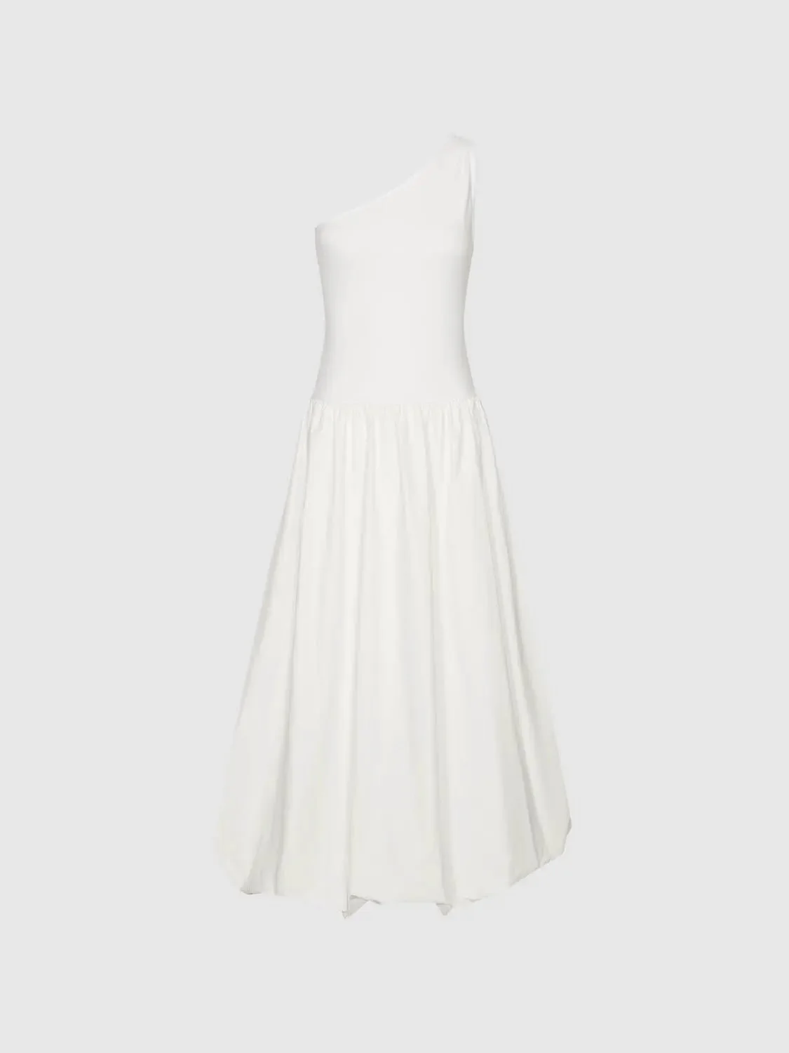 Cotton Knit One-Shoulder Shirring Balloon Midi Dresses