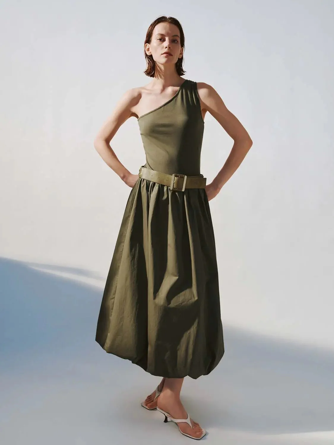 Cotton Knit One-Shoulder Shirring Balloon Midi Dresses