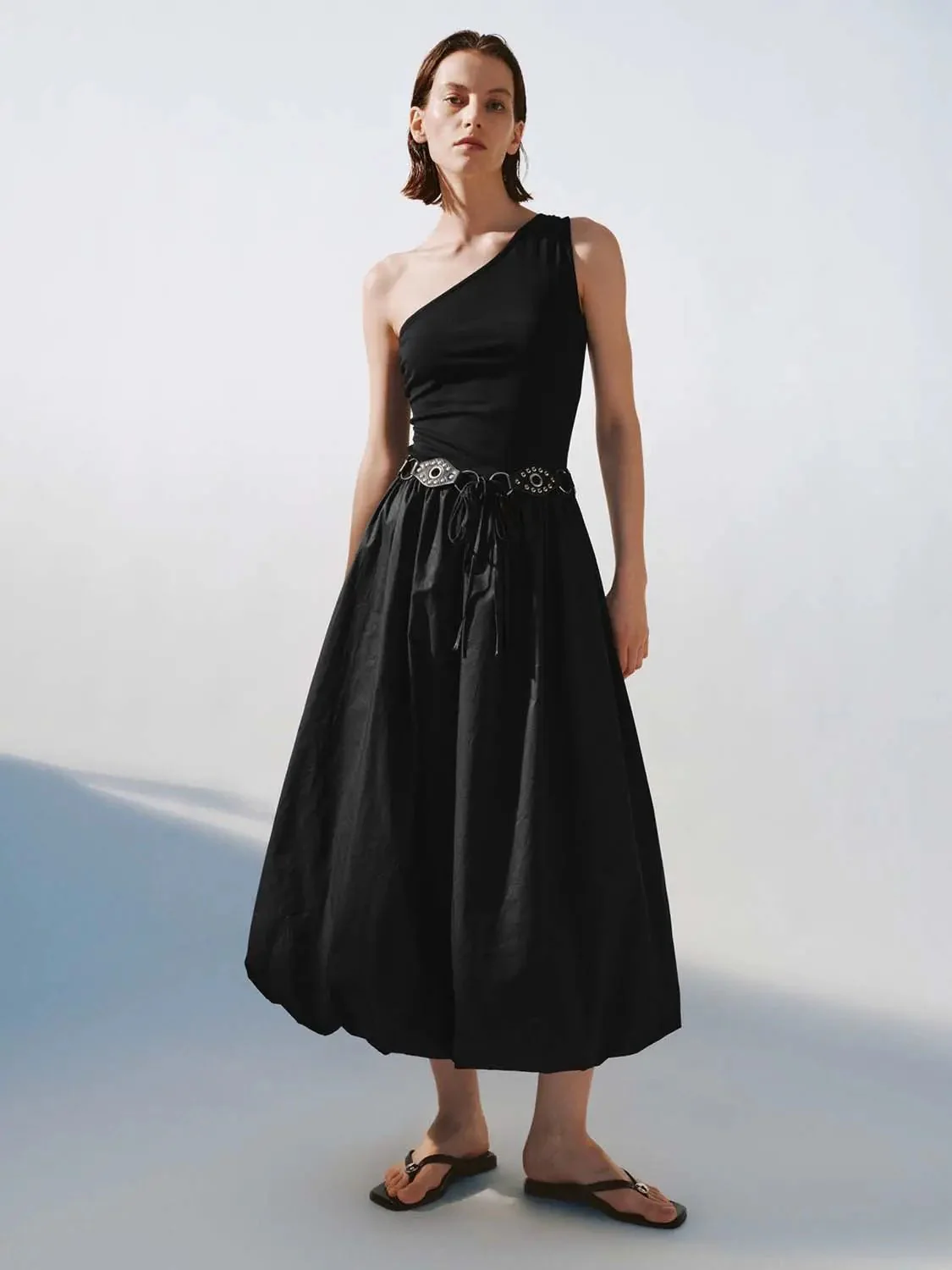 Cotton Knit One-Shoulder Shirring Balloon Midi Dresses