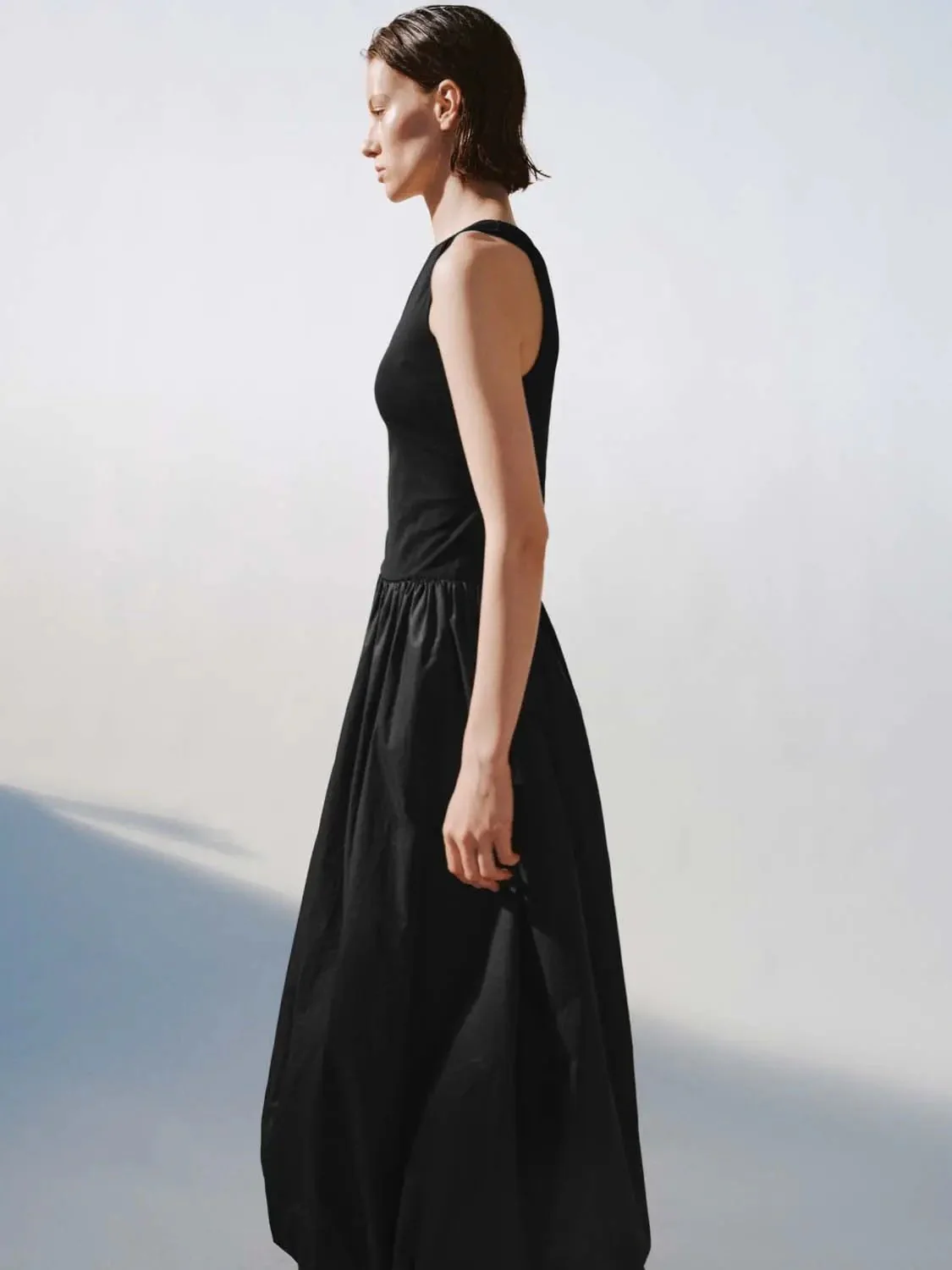 Cotton Knit One-Shoulder Shirring Balloon Midi Dresses