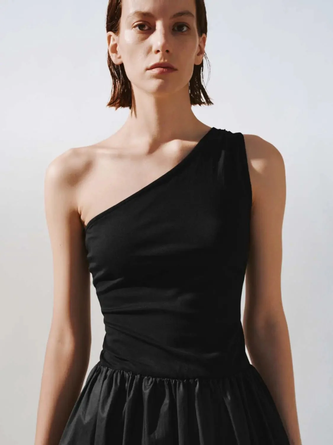 Cotton Knit One-Shoulder Shirring Balloon Midi Dresses
