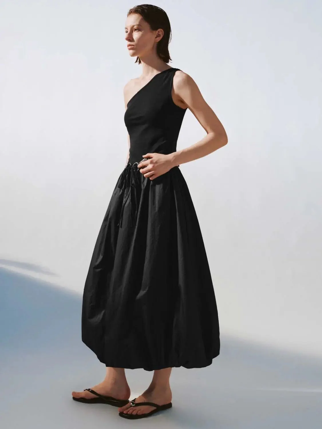 Cotton Knit One-Shoulder Shirring Balloon Midi Dresses