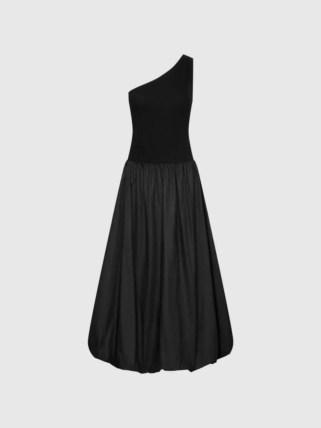 Cotton Knit One-Shoulder Shirring Balloon Midi Dresses