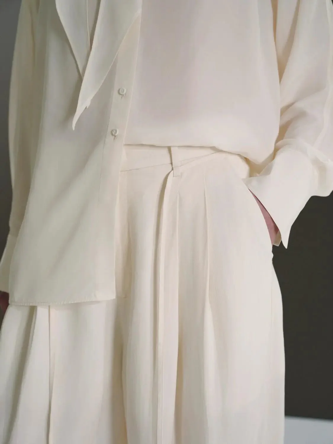 Viscose Linen String Detail Pleated Wide Leg Pants