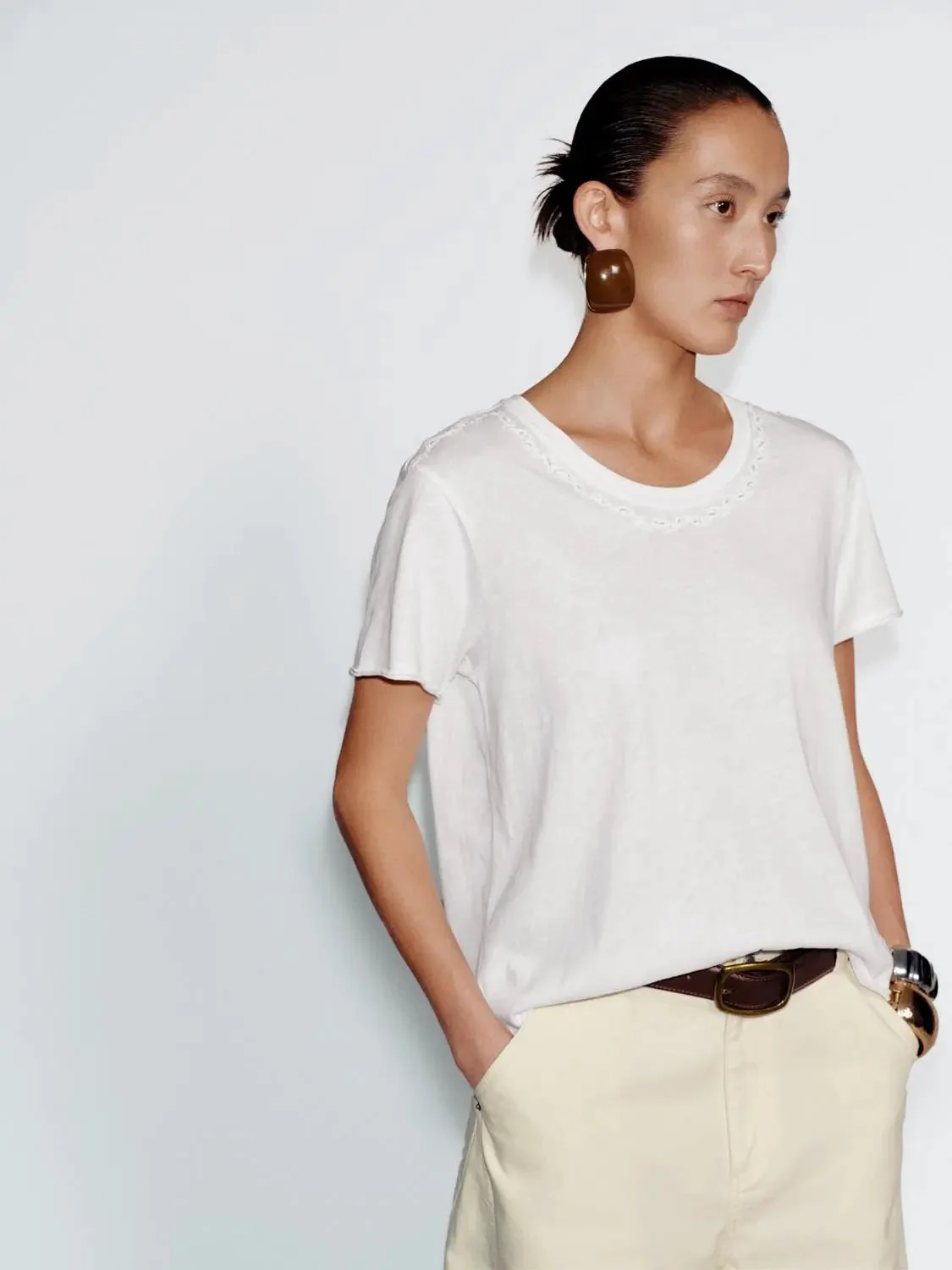 Embroidered Beaded Crew Neck Cotton Blend T Shirt