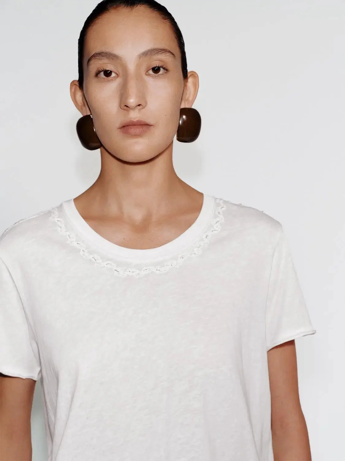 Embroidered Beaded Crew Neck Cotton Blend T Shirt