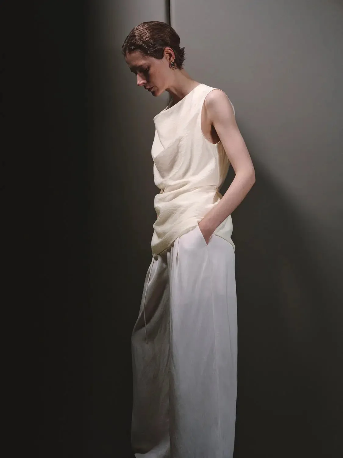 Lyocell Cupro Linen Cowl Neck Sleeveless Top