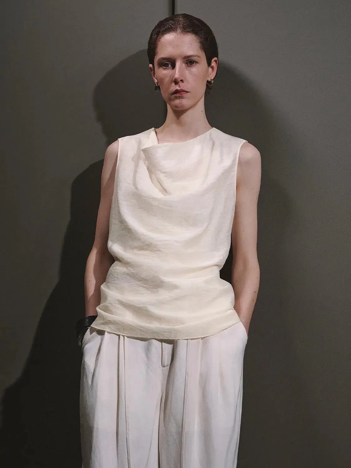 Lyocell Cupro Linen Cowl Neck Sleeveless Top