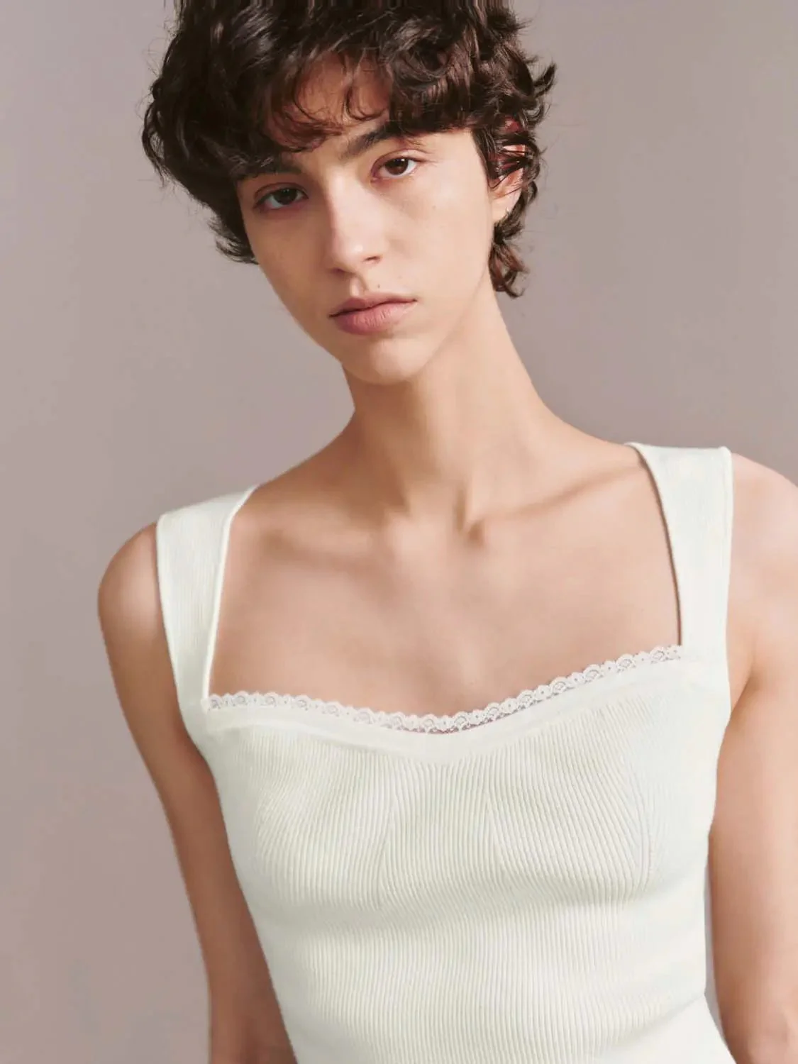 Square Neck Lace Trim Sleeveless Knit Top