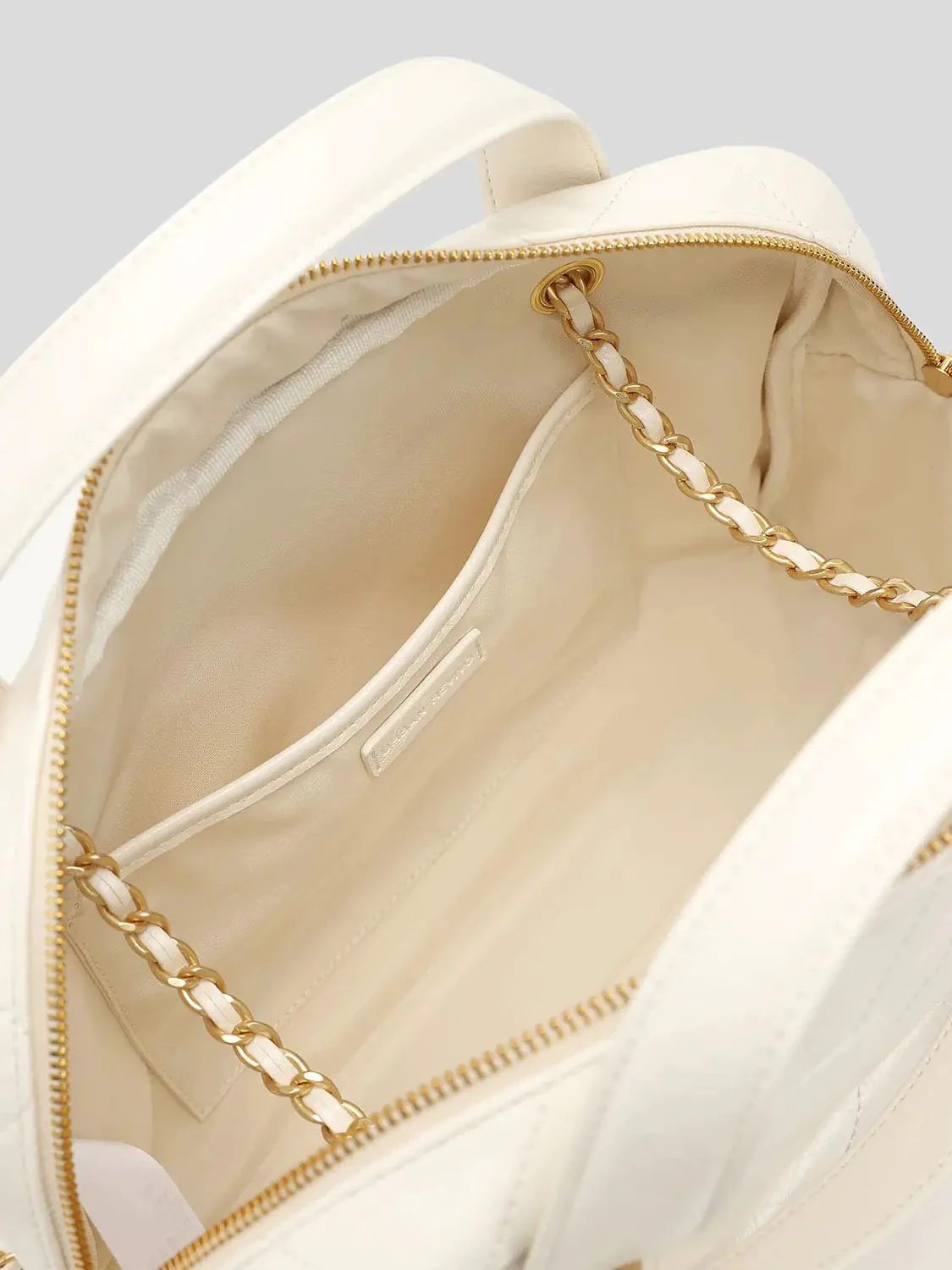 Cream Quilted Chain Detail Backpack with Gold Hardware