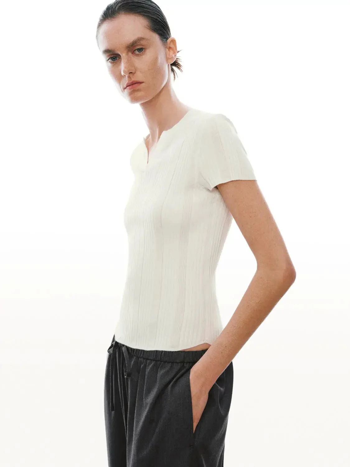 Gray Minimal Ribbed Knit V Neck Short Sleeve Top