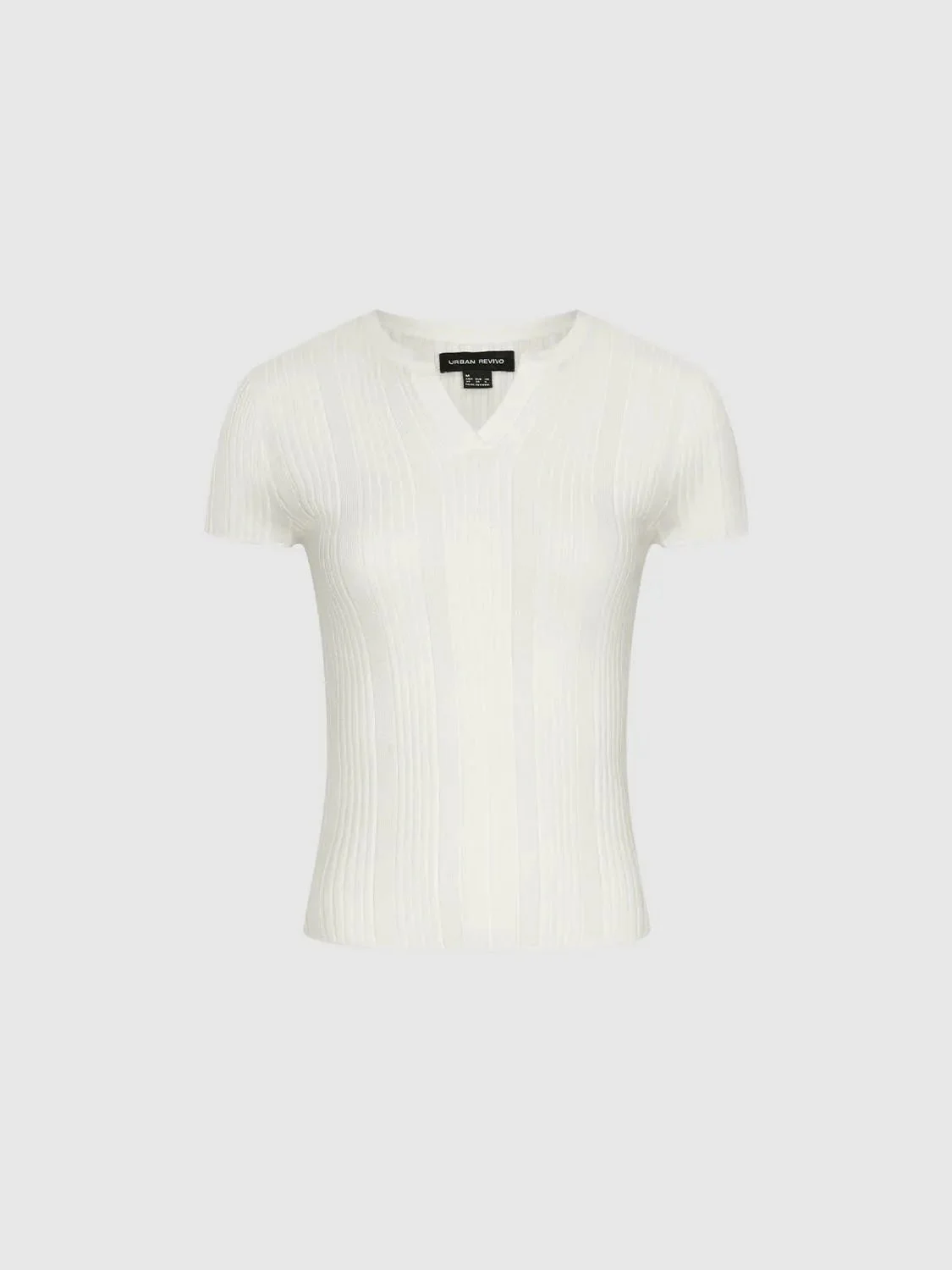 Gray Minimal Ribbed Knit V Neck Short Sleeve Top