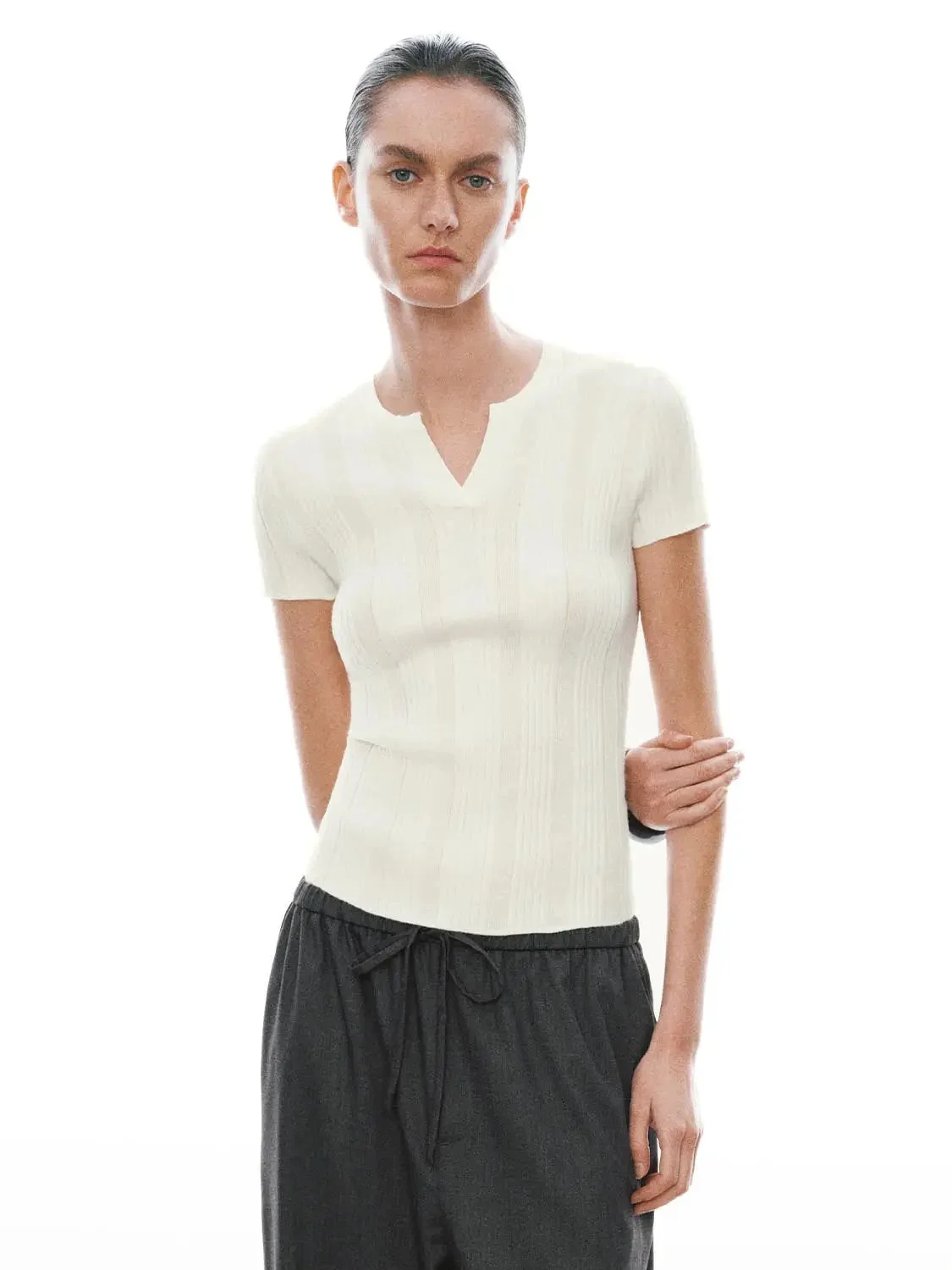 Gray Minimal Ribbed Knit V Neck Short Sleeve Top