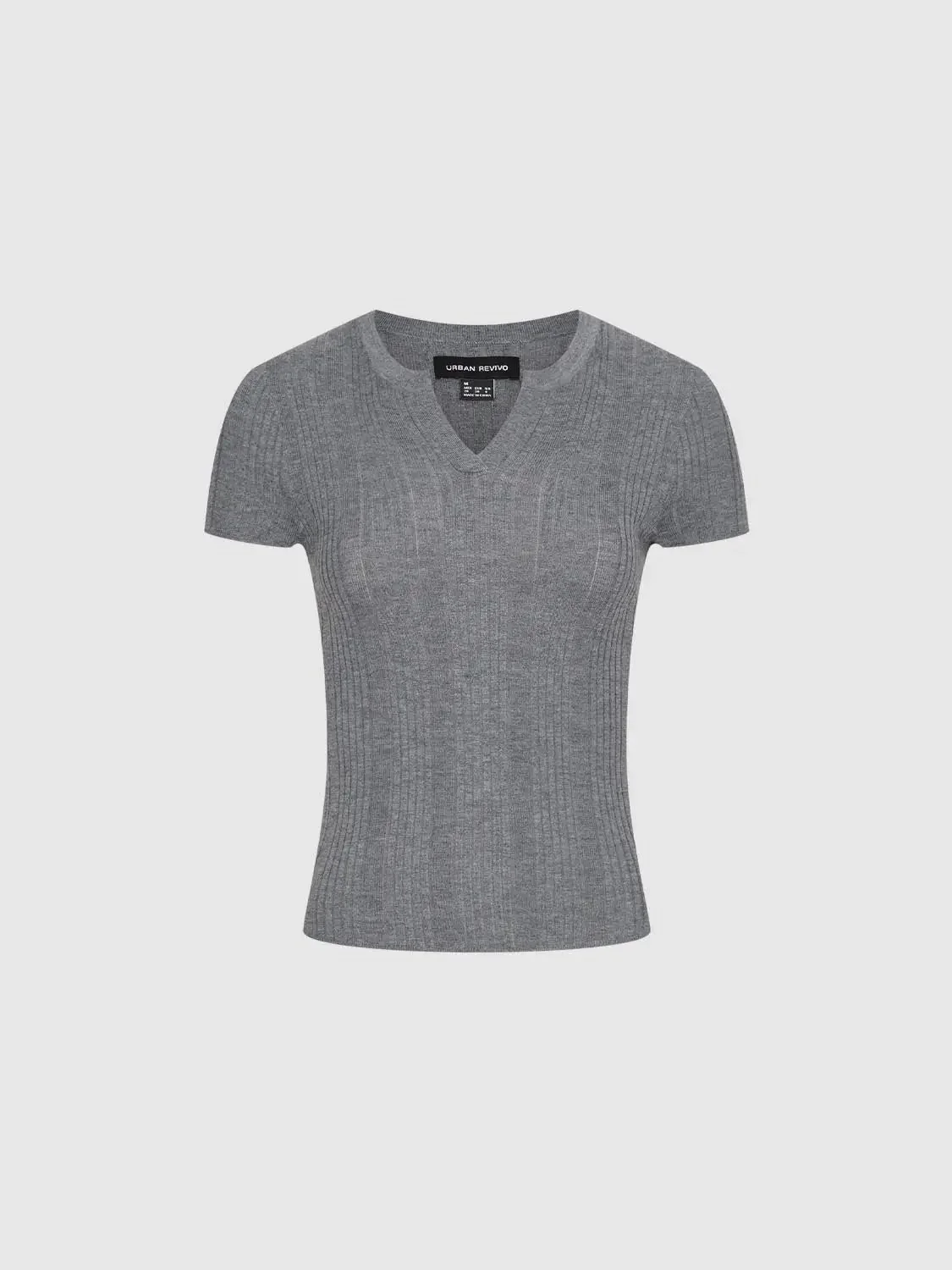 Gray Minimal Ribbed Knit V Neck Short Sleeve Top