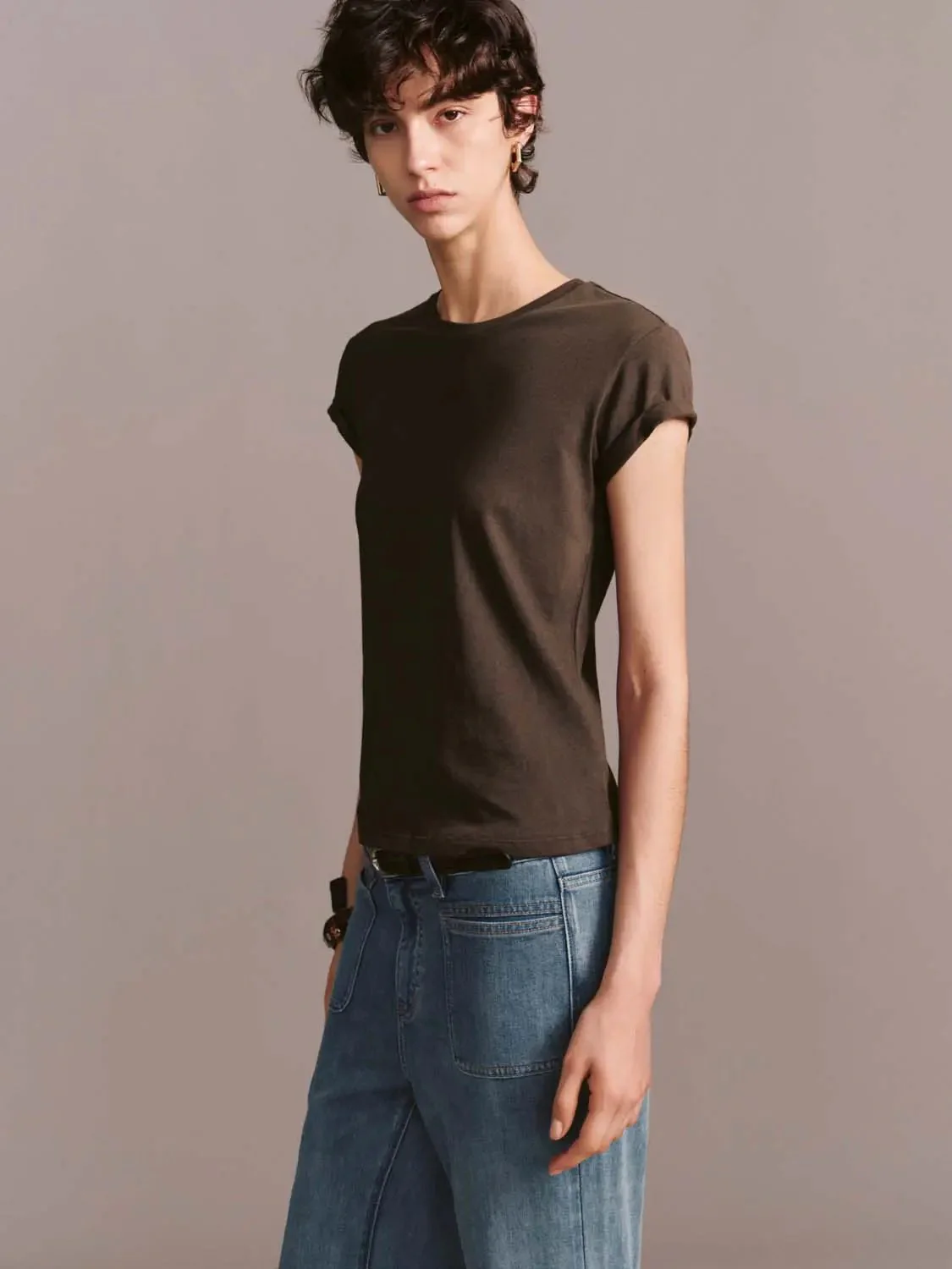 Embroidered Roll Sleeve Crew Neck T Shirts