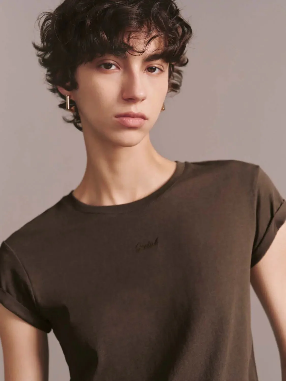 Embroidered Roll Sleeve Crew Neck T Shirts