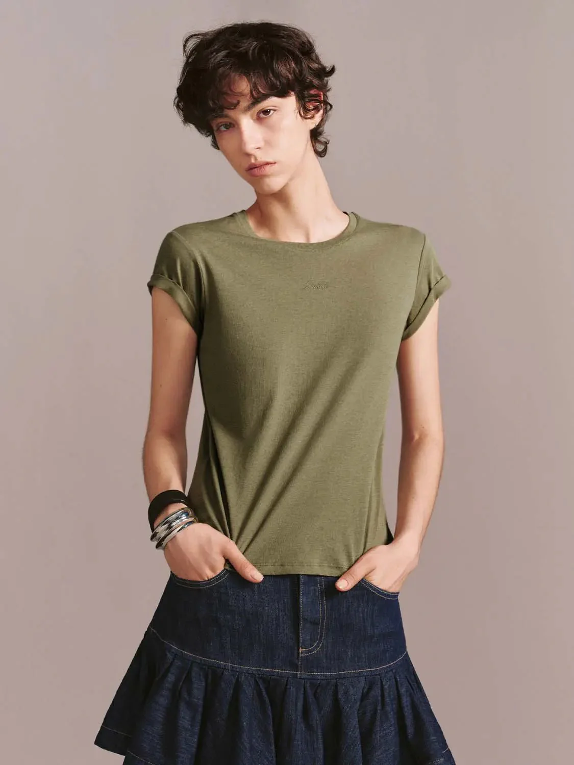 Embroidered Roll Sleeve Crew Neck T Shirts