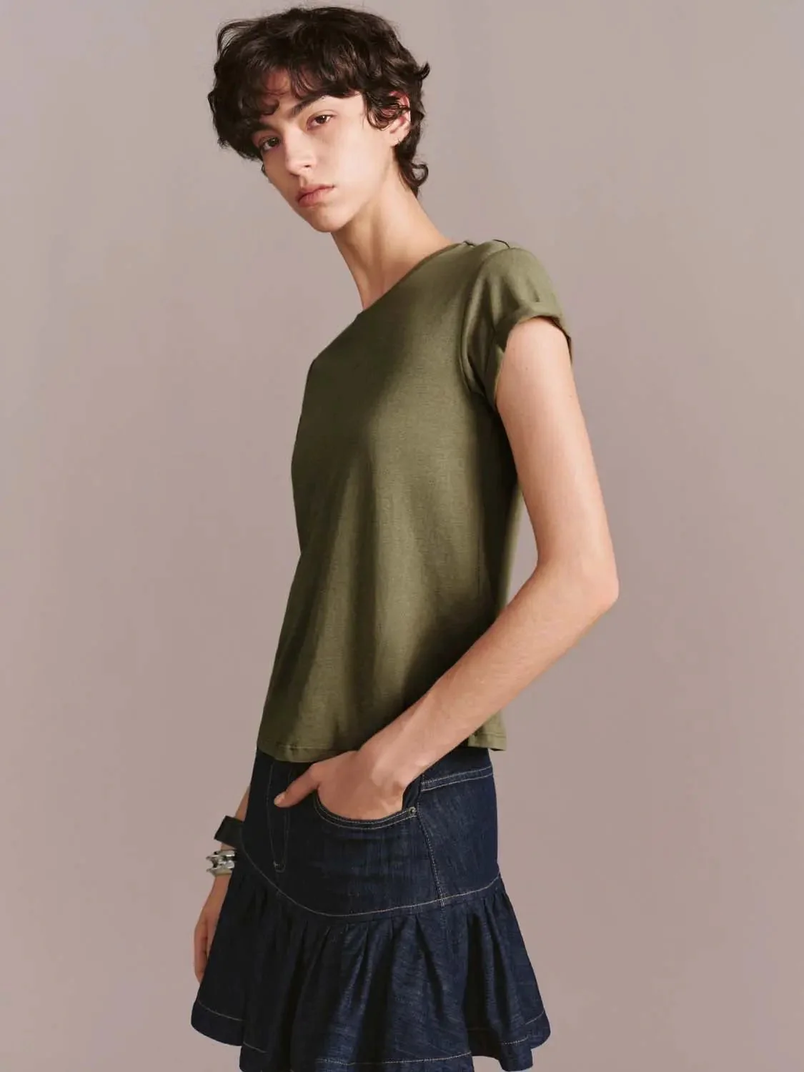 Embroidered Roll Sleeve Crew Neck T Shirts