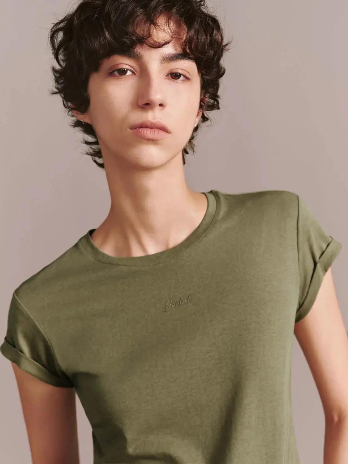 Embroidered Roll Sleeve Crew Neck T Shirts