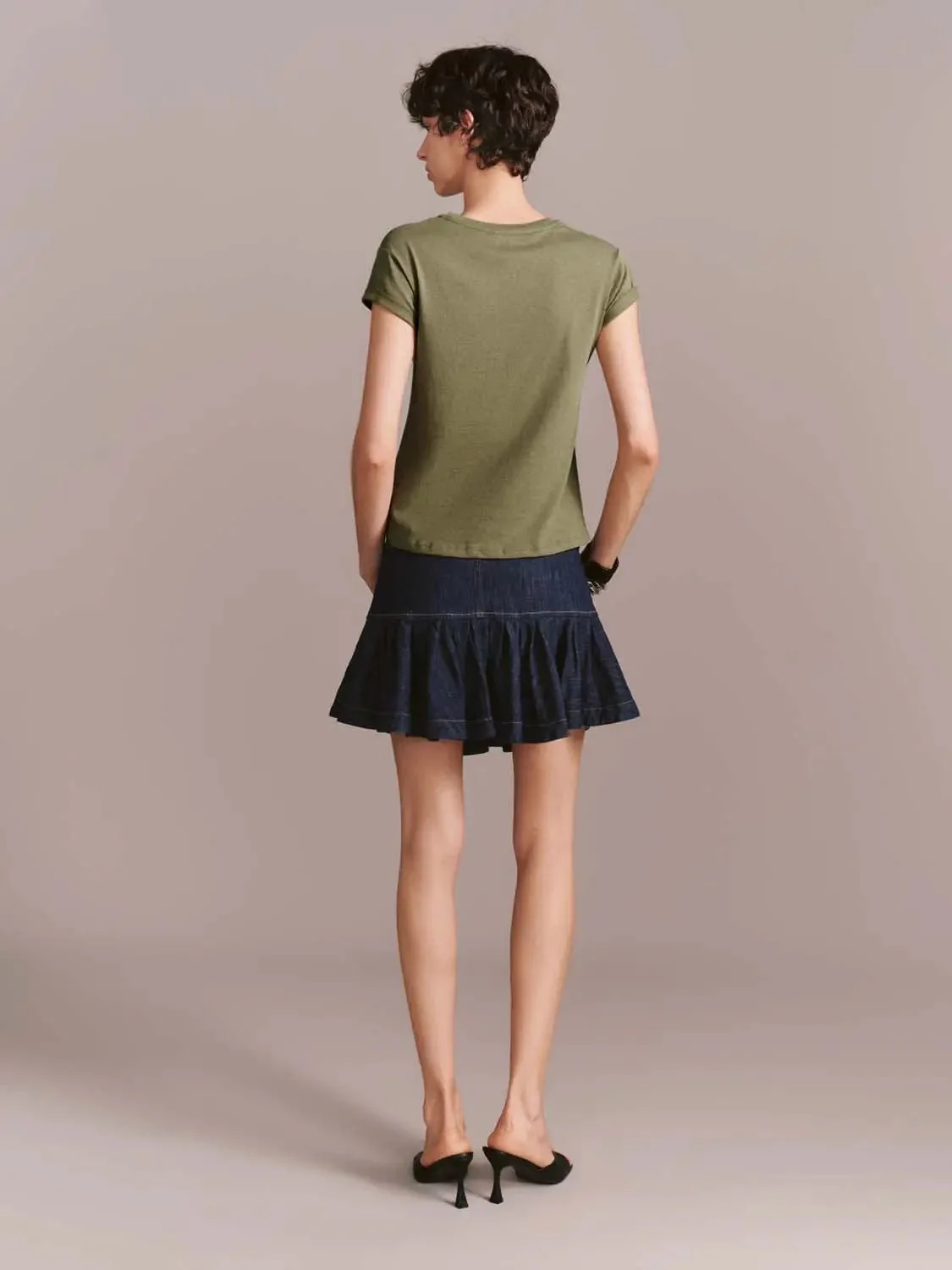 Embroidered Roll Sleeve Crew Neck T Shirts