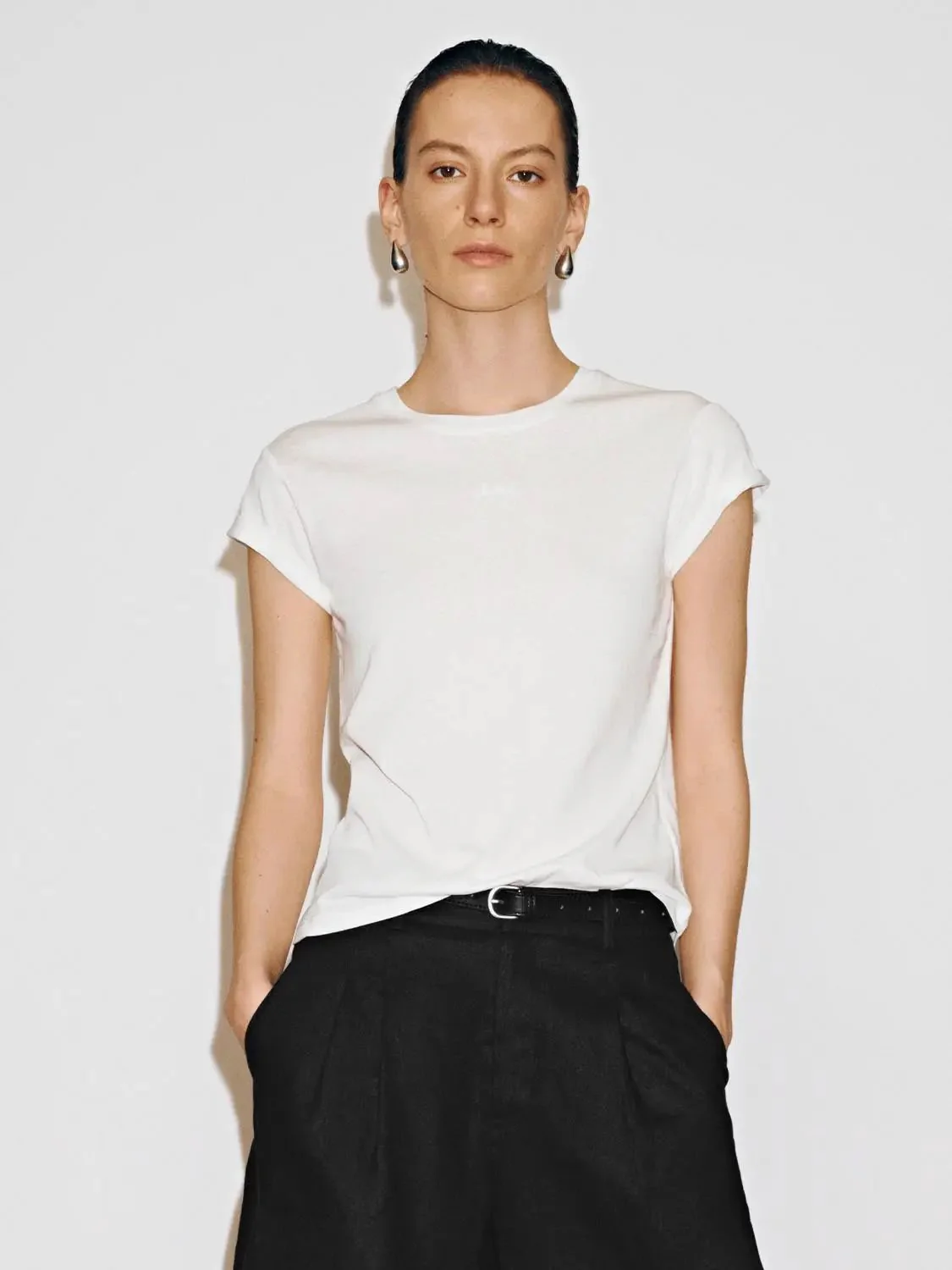 Embroidered Roll Sleeve Crew Neck T Shirts