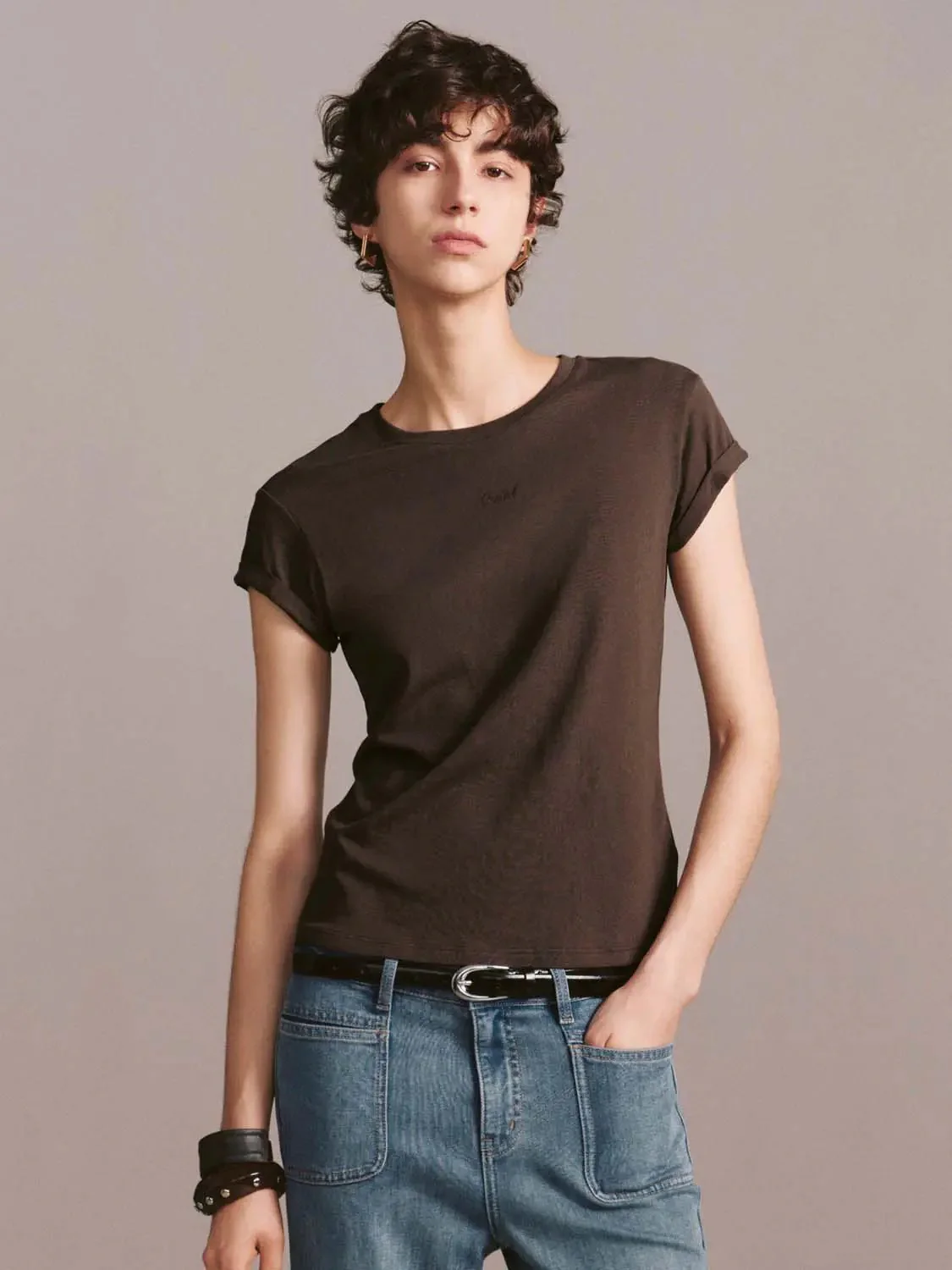 Embroidered Roll Sleeve Crew Neck T Shirts