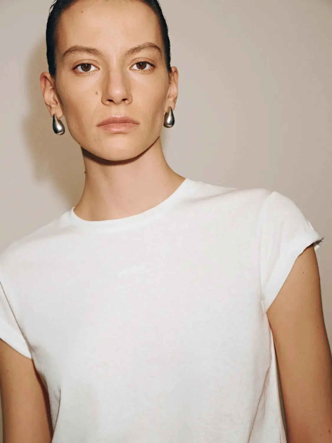 Embroidered Roll Sleeve Crew Neck T Shirts