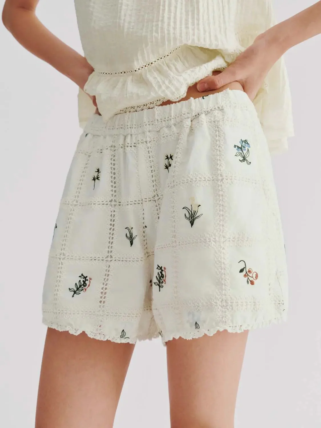Embroidered Crochet Detail Check Shorts