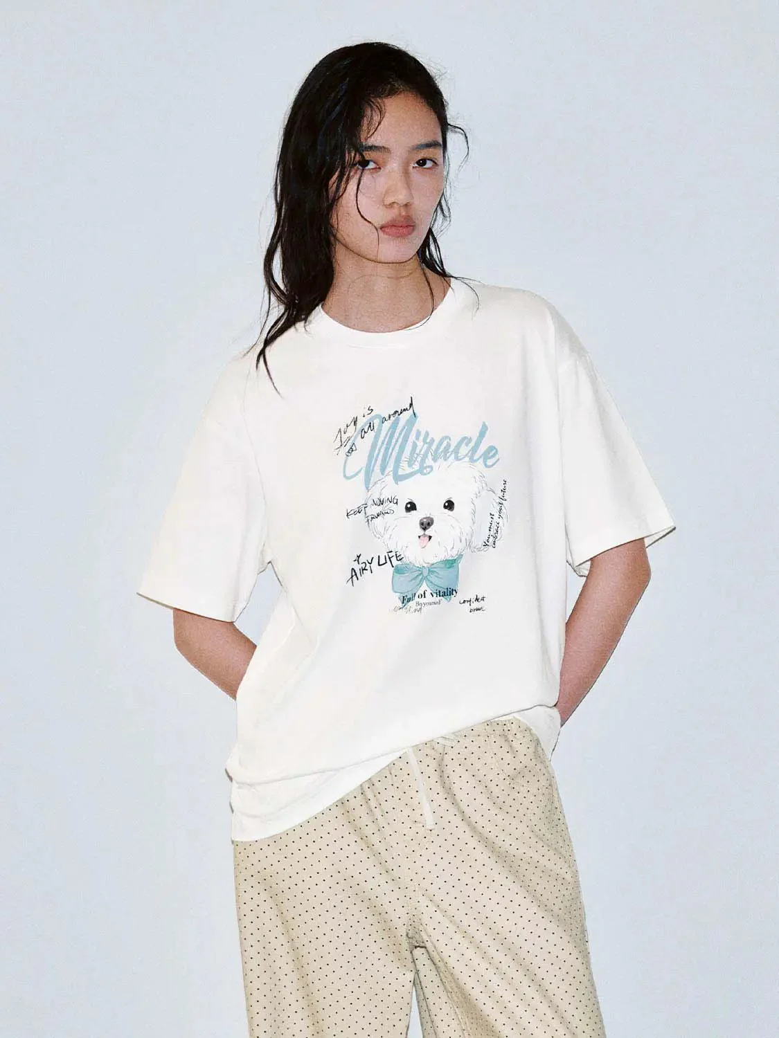 Cotton Graphic Dog Illustration With Miracle Print Tee
