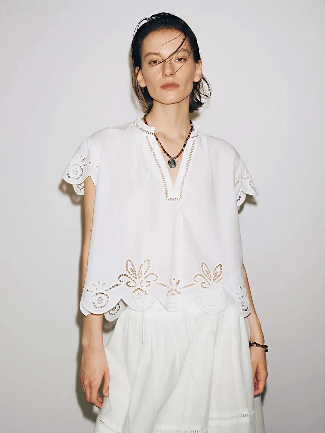 14437-guipure-lace-detail-ruffle-collar-v-neck-short-sleeve-shirts-9.webp Guipure Lace Detail Ruffle Collar V-Neck Short Sleeve Shirts
