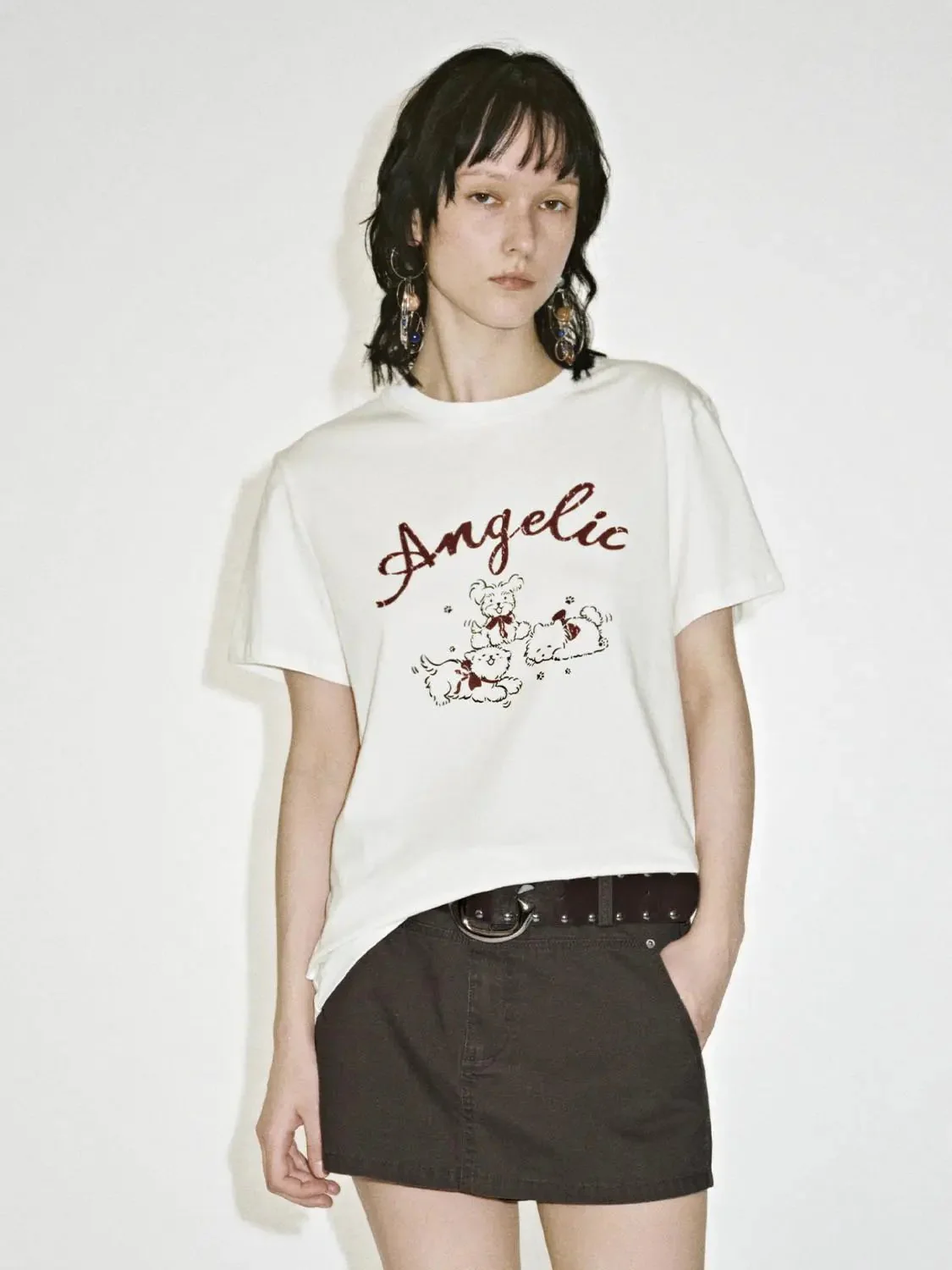 Cotton Angelic Bear Print Graphic T-Shirts