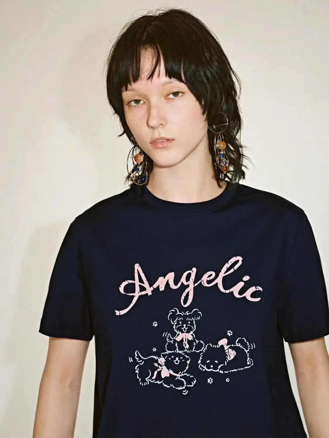 Cotton Angelic Bear Print Graphic T-Shirts