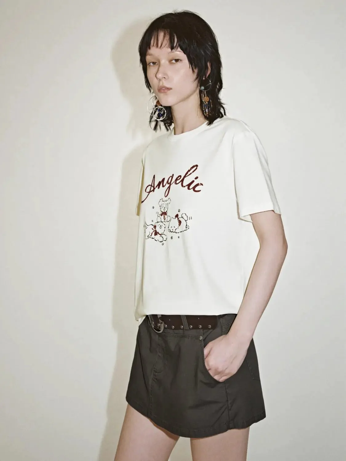 Cotton Angelic Bear Print Graphic T-Shirts