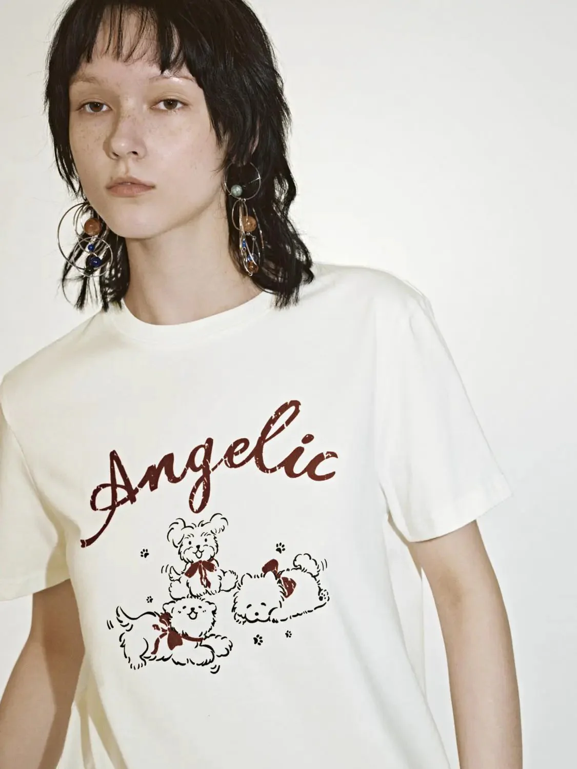 Cotton Angelic Bear Print Graphic T-Shirts