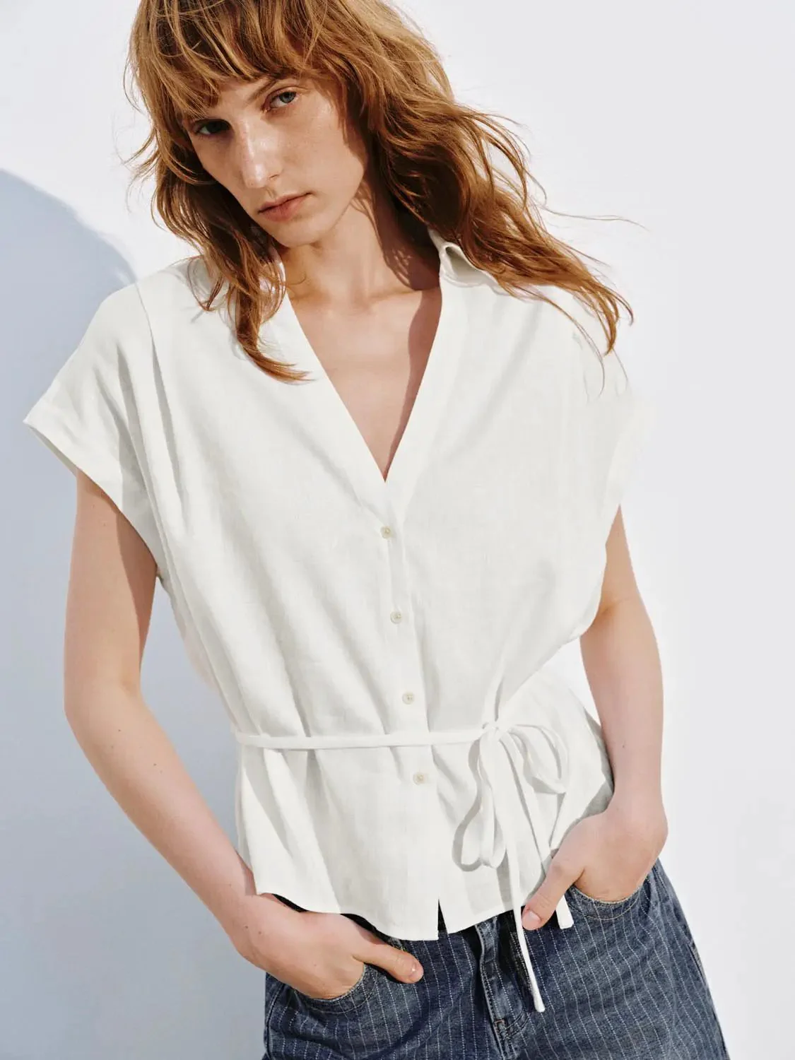 Cap Sleeve V-Neck Loose-Fit Shirts