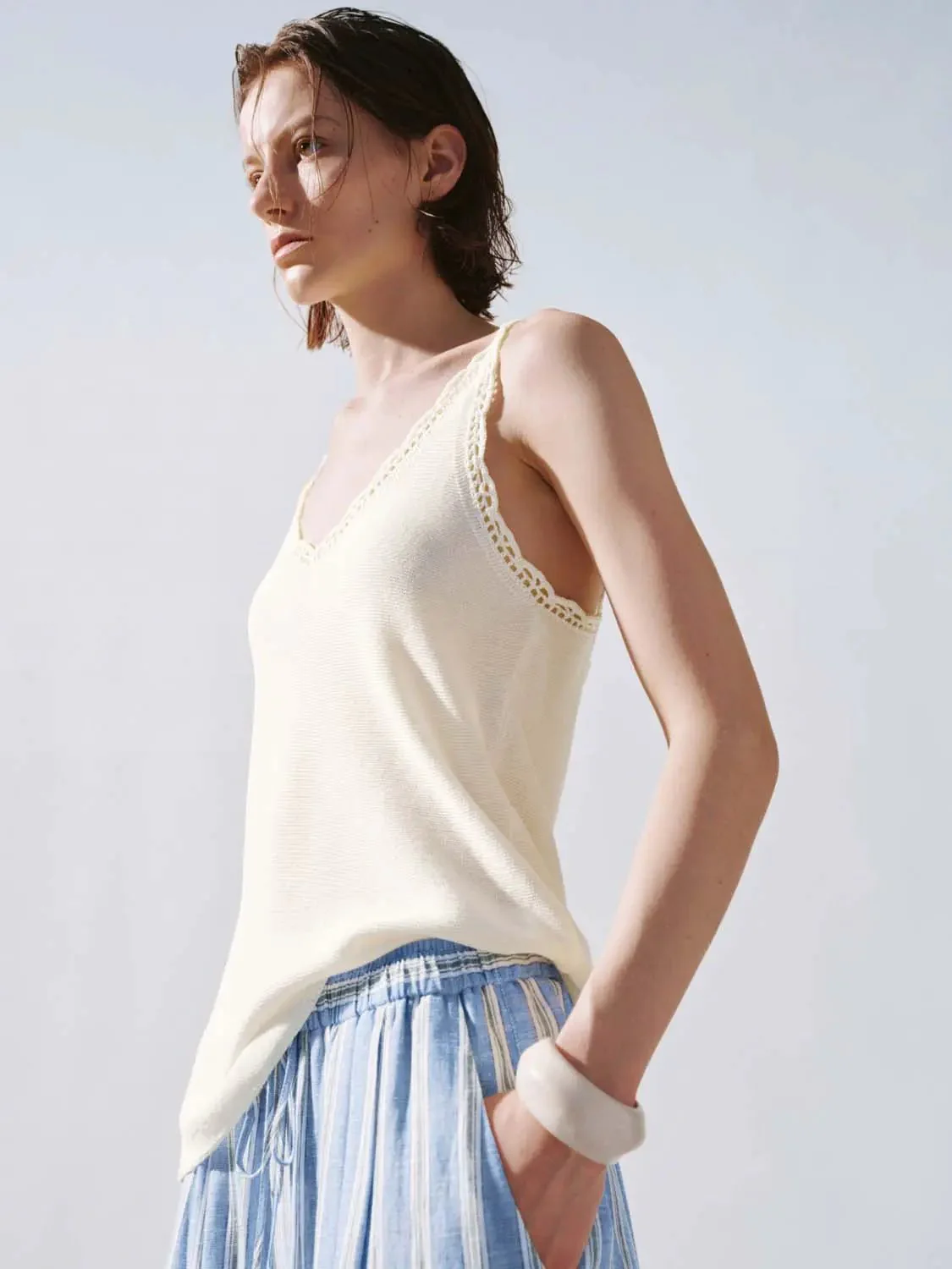 Lace Trim Strappy Knitted T-Shirts