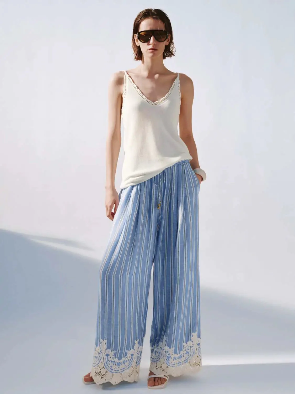 Lace Trim Strappy Knitted T-Shirts
