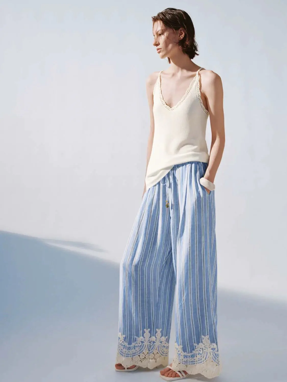 Lace Trim Strappy Knitted T-Shirts