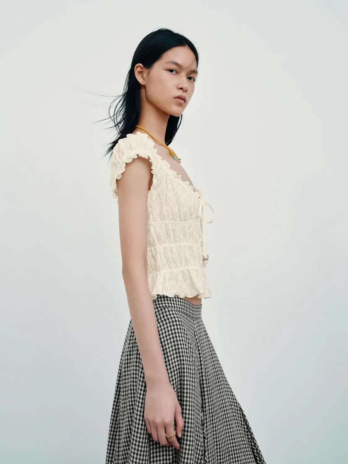 U-Neck Shirring Detail Cap Sleeve Overhead Shirts