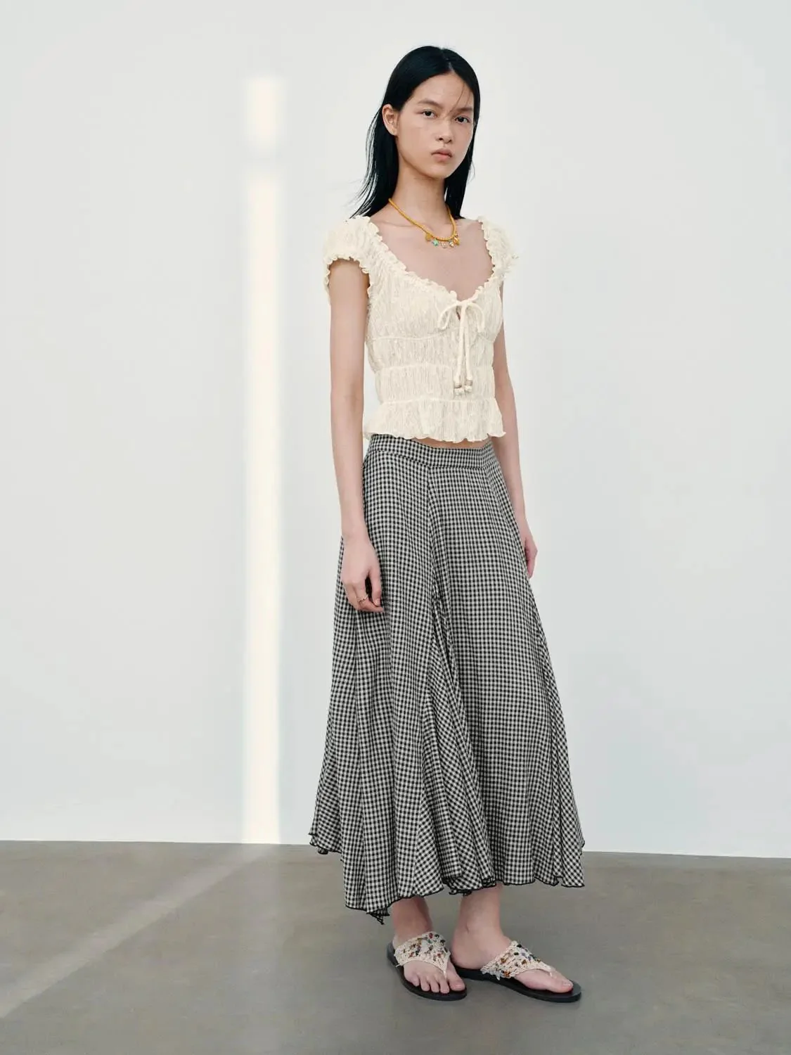 U-Neck Shirring Detail Cap Sleeve Overhead Shirts